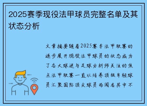 2025赛季现役法甲球员完整名单及其状态分析