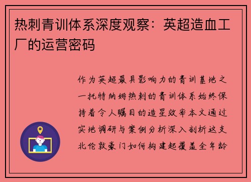 热刺青训体系深度观察：英超造血工厂的运营密码