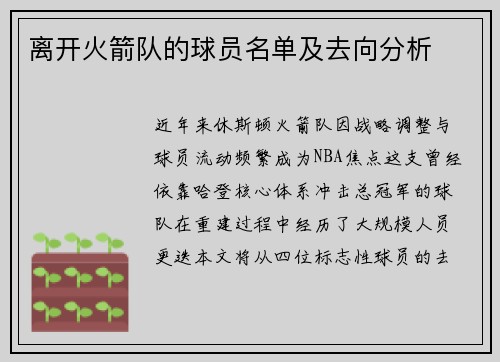 离开火箭队的球员名单及去向分析