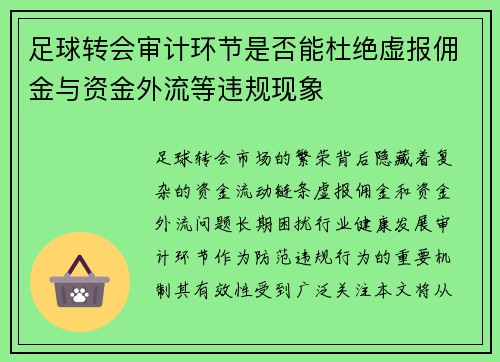 足球转会审计环节是否能杜绝虚报佣金与资金外流等违规现象